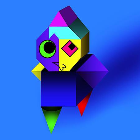 Colorful, abstract character design that employs geometric shapes and bright colors.